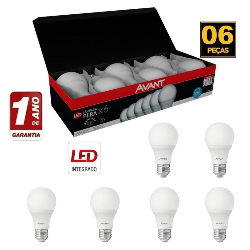Kit com 6 lâmpadas de Led Avant Bulbo A60 Bivolt 9w Branca 6500k;